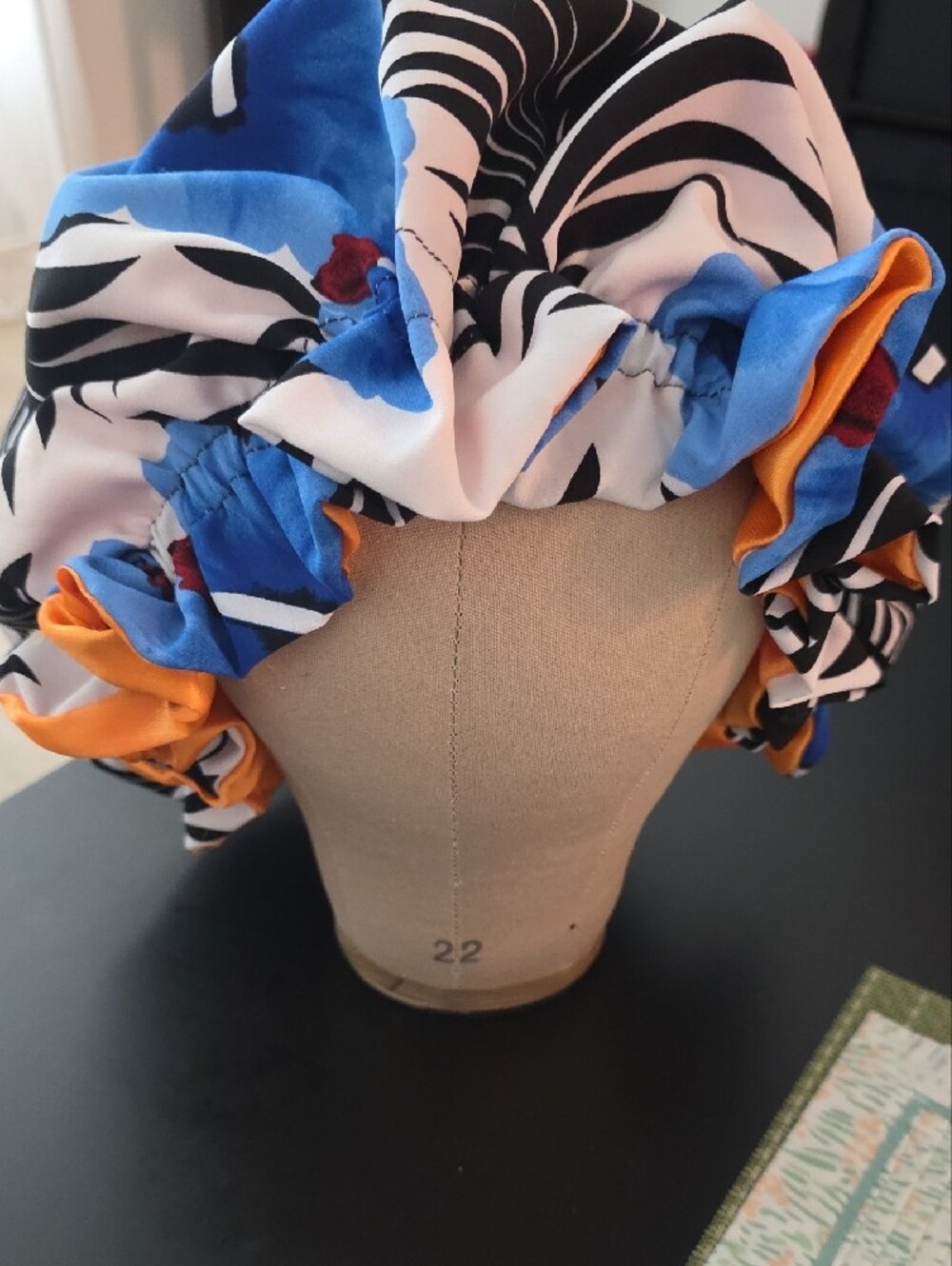 Handmade Hair Bonnet In Blue & Black Floral Print
